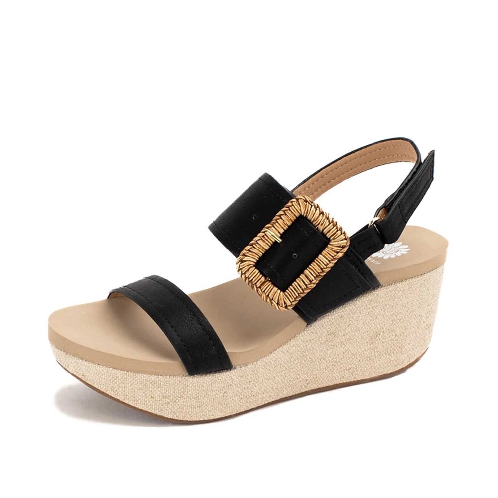Yellow Box Black Wedges with Accent Buckle
